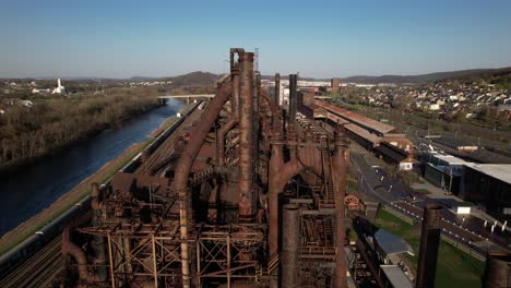 An-aerial-view-of-the-Bethlehem-Steel-stacks-in-PA-on-a-sunny-day