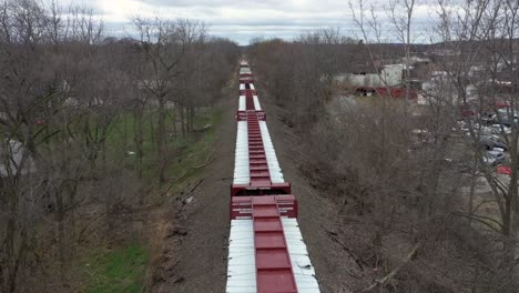 Aerial-View-Over-Parked-Freight-Train-In-Between-Bare-Trees