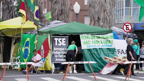 Supporters-of-the-ex-Brazilian-president-Bolsonaro-camp-in-front-of-the-Army-Head-Quarters-of-Porto-Alegre,-Brazil,-in-protest-asking-for-federal-intervention-after-Lula's-presidential-election