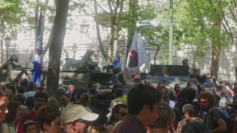 April-25th-parade-at-Avenida-da-Liberdade,-Lisbon,-long-shot-of-parade-tanks