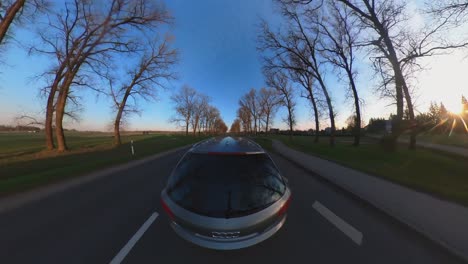 Slow-Motion-Shot-of-Avant-Wagon-Rear-Driving-On-A-Road-Through-Leafless-Trees