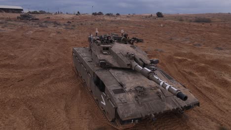 Israel-defense-forces-tank-with-soldiers,-Merkava-tank-aerial-view