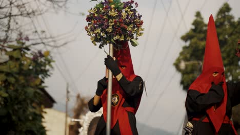 Penitents-In-Hood-At-The-Good-Friday-Procession-In-Antigua,-Guatemala-During-Holy-Week