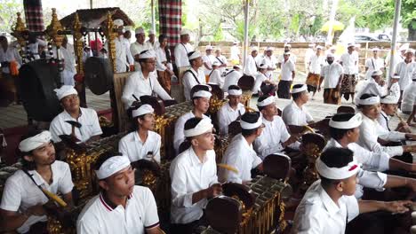 Balinese-People-Play-Traditional-Music-of-Gamelan-in-Temple-Ceremony-wearing-White-Clothes,-Bali-Indonesia,-Hindu-Religion