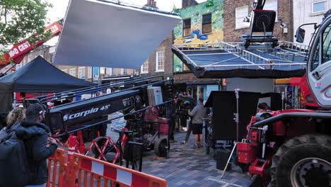 Massive-Production-Equipment-At-The-Filming-Set-In-Camden,-UK-At-Daytime