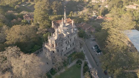 Quinta-da-Regaleira-Palace-In-The-Municipality-Of-Sintra-In-Portugal---aerial-drone-shot