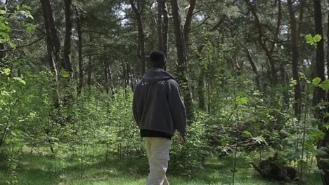 Young-adult-man-walking-in-the-green-forest