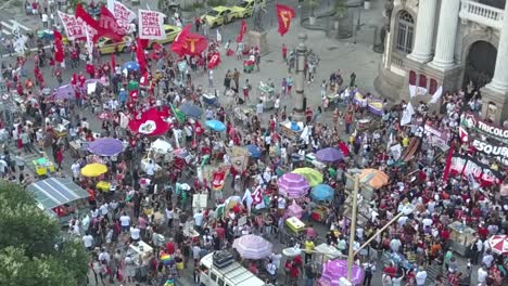 Drone-view-of-protesters-against-Bolsonaro-in-the-center-of-Rio-de-Janeiro,-Brazil