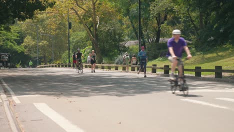 Vista-Media-De-Personas-Haciendo-Ejercicio-En-Bicicleta-Corriendo-Por-Central-Park.