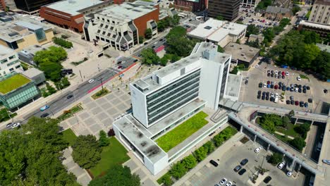 Hamilton-City-Hall-Aerial-back-view-to-front-view-overlooking-parking-area-to-front-entrance