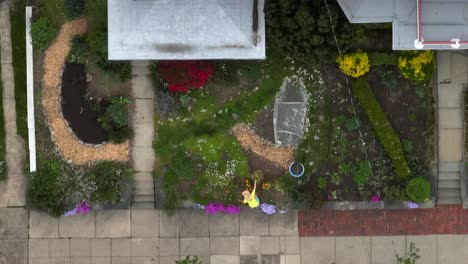 Top-down-aerial-shot-of-woman-gardening-in-spring