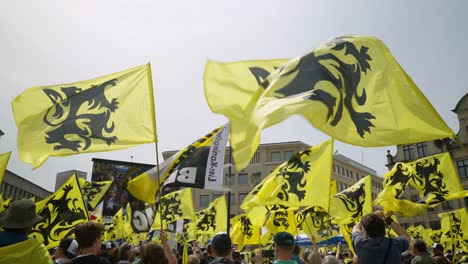 Supporters-of-Flemish-far-right-party-Vlaams-Belang-waving-with-Flags-of-Flanders-during-protest-rally-in-Brussels,-Belgium
