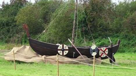 Viking-re-enactment-replica-longboat-at-Woodstown-Waterford-Ireland-on-a-summer-morning
