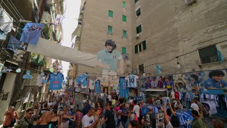 Wide-angle-clip-on-a-gimbal-of-the-murales-of-Maradona---Naples,-Quartieri-Spagnoli