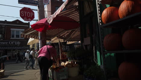 Wide-shot-of-woman-shopping-for-groceries-at-a-busy-Kensington-Market-vegetable-stall