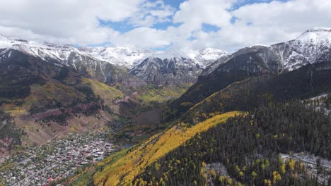 Amazing-aerial-view-of-small-settlement-Telluride,-popular-travel-destination-in-Colorado,-Rocky-Mountains
