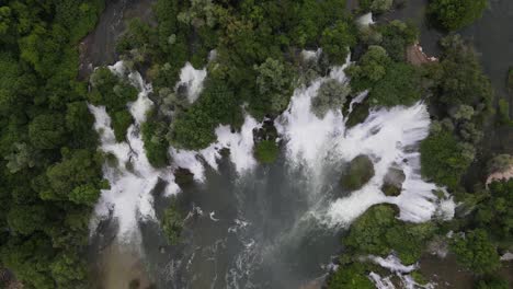 Bosnian-summer-landscape-with-waterfalls,-many-water-flows-kravica-waterfall-drone-view