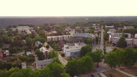 Establishing-aerial-drone-shot-of-Sigulda-town,-Latvia,-flyover-residential-area