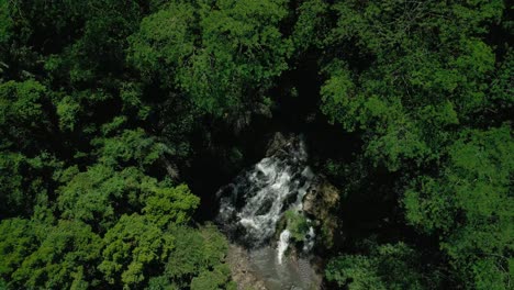 Beautiful-waterfall-in-dense-forest-in-Bali,-Indonesia_Drone-top-view