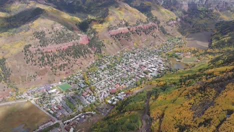 Aerial-view-of-Telluride-town,-Colorado-mountains