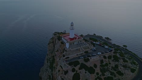 Blue-hour-hues-of-purple-and-red-graze-sky-around-Formentor-lighthouse,-Serra-de-Tramuntana-Mallorca-Spain