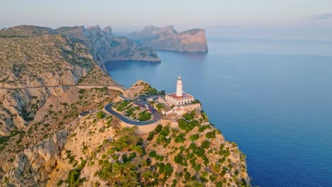Panoramic-Aerial-Parallax-Around-Formentor-Lighthouse,-Serra-De-Tramuntana-Mallorca-Spain