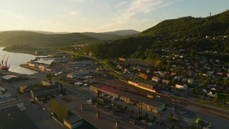 Aerial-panoramic-of-Norwegian-industrial-landsdape,-midnight-sun