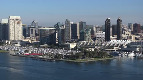Coronado-Bay-and-the-downtown-San-Diego-city-skyline-as-seen-from-the-ocean---sliding-aerial