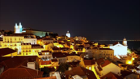 Beautiful-timelapse-from-Lisbon,-Portugal-with-the-lit-up-Igreja-de-São-Vicente-de-Fora-Catholic-church-and-National-Pantheon-at-night