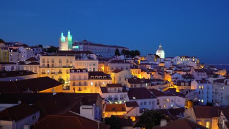 Lisbon,-Portugal,-the-beautiful-lit-up-historical-city-centre,-Igreja-de-São-Vicente-de-Fora-Catholic-church-and-National-Pantheon-during-blue-hour