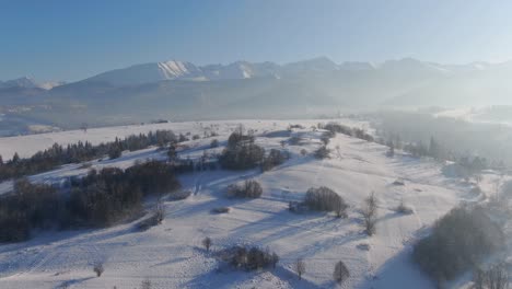 Fairy-tale-winter-scenery-of-Tatra-mountains,-Zakopane,-Poland,-aerial-view