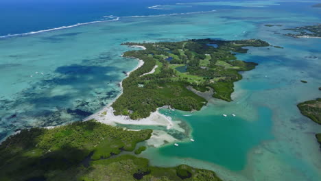 Aerial-drone-view-of-Ile-Aux-Cerfs,-Flacq,-Mauritius-island,-Indian-Ocean