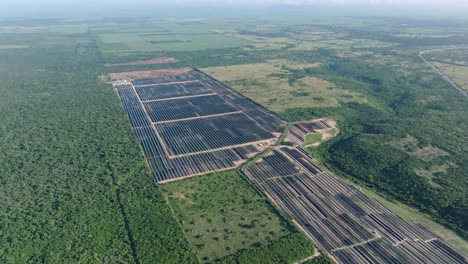 Remote-solar-park-in-vast-green-agricultural-field-in-the-Caribbean,-aerial