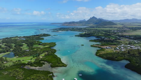 Aerial-drone-view-of-Ile-Aux-Cerfs,-Flacq,-Mauritius-island,-Indian-Ocean
