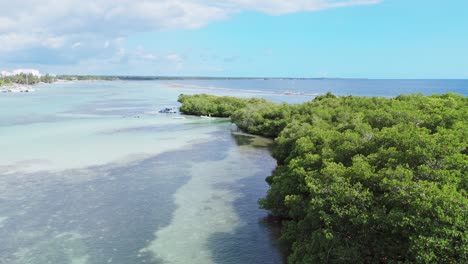 Tourist-boat-lands-on-remote-mangrove-island,-turquoise-Caribbean-water,-aerial
