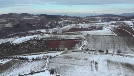 Drohnenansicht-Von-Gefrorenen-Schneebedeckten-Feldern,-Bergen,-Waldhintergrund,-Bewölkter-Tag