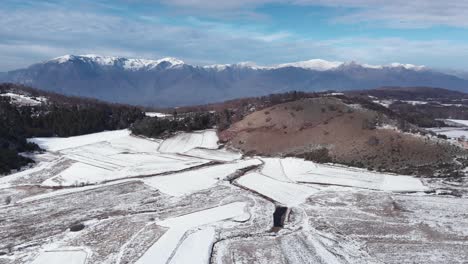 Langsamer-Luftaufstieg-über-Schneebedeckte-Bergwaldebenen,-Sonniger-Wintertag