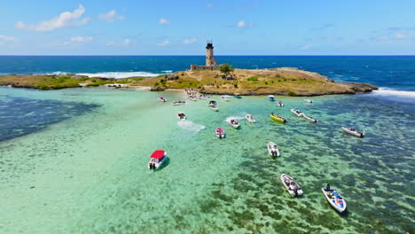Aerial-drone-view-of-a-lighthouse-on-Ile-aux-Fouquets,-Ile-au-Phare,-Bois-des-Amourettes,-Mauritius