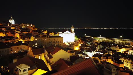 Lisboa,-Portugal,-Timelapse-Panorámico-Por-La-Noche-Sobre-El-Paisaje-Urbano-Desde-La-Plataforma-De-Observación-Miradouro-Das-Portas-Do-Sol