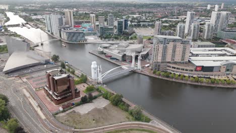Panoramic-aerial-view-over-Manchester-Ship-Canal-and-surrounding-landmarks