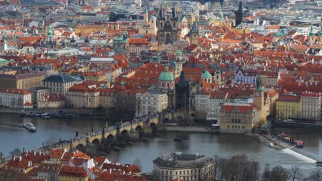 Vltava-river,-Charles-bridge-and-Old-town-of-Prague,-view-from-Petřín-Lookout-Tower