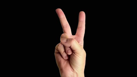Close-up-shot-of-a-male-hand-throwing-a-classic-peace-sign,-against-a-plain-black-background