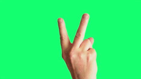 Close-up-shot-of-a-male-hand-flicking-a-classic-V-sign-insult,-against-a-greenscreen-background-ideal-for-chroma-keying