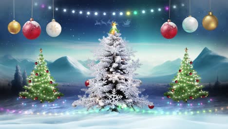 Weihnachtsbäume-Mit-Lichtern-Und-Ornamenten-Schleifen-Leuchtenden-Hintergrund