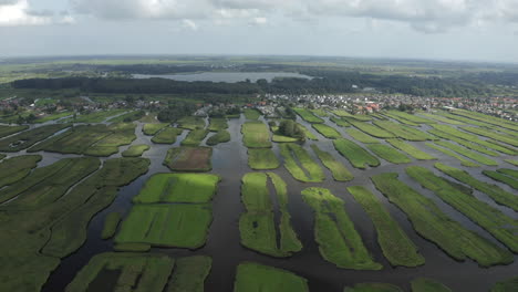 Aerial-view-of-Dutch-landscapes-with-picturesque-old-town-in-de-back