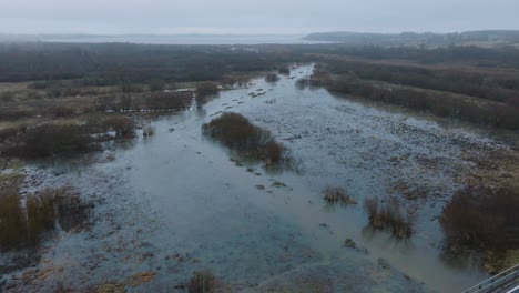 Aerial-establishing-view-of-high-water,-Durbe-river-flood,-brown-and-muddy-water,-agricultural-fields-under-the-water,-overcast-winter-day-with-snow,-wide-drone-shot-moving-forward-tilt-down