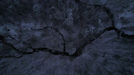 Aerial-top-down-drone-video-footage-of-a-beautiful,-snowy-woodland-stream-and-forest-at-night