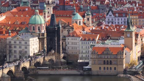 Old-Town-Bridge-Tower,-Old-Town-Waterworks-and-Water-Tower-and-Charles-Bridge-in-Prague,-Czech-Republic