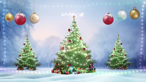 Weihnachtsbaum-Mit-Lichtern-Und-Ornamenten-Schleife-Leuchtender-Hintergrund