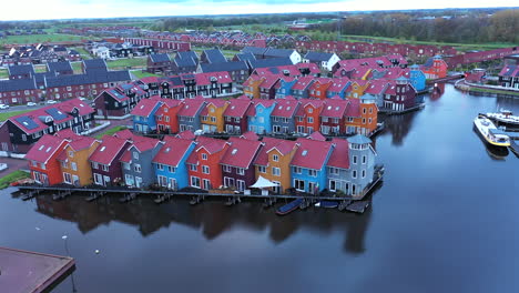 Aerial-view-of-colorful-Dutch-harbor-Reitdiephaven-in-Groningen